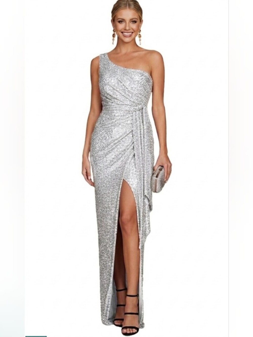 Zeflows one shoulder white and silver sequin dress Size Large NWT